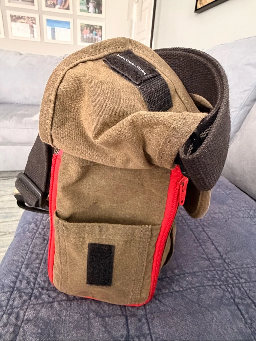 Canvas Messenger Bag /Camera Bag in Green  with Black Strap, Orange trim